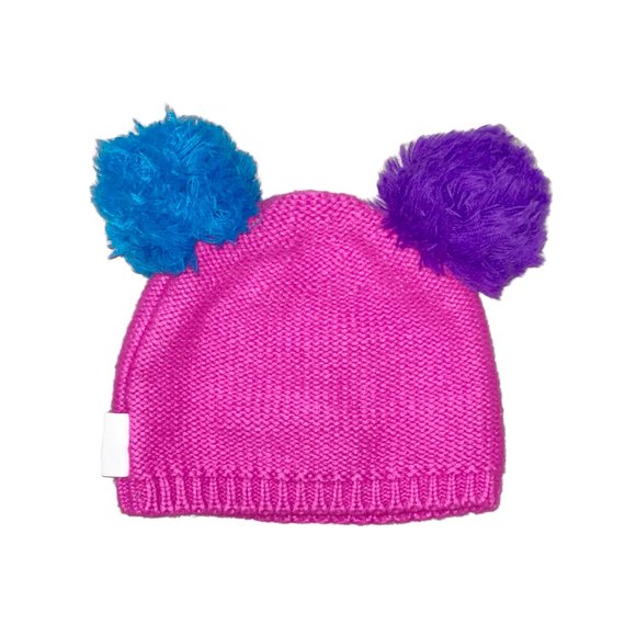 Girls SHOPKINS Knit Winter Hat - Hot Pink Beanie Cap w/ Blue & Purple Poofs - Picture 2 of 3